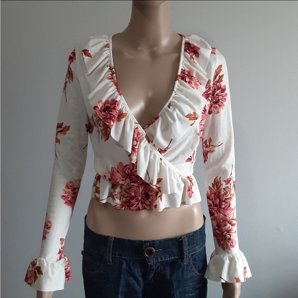 Asos Cropped Long Sleeve Floral Top Sz 4 - Picture 1 of 8
